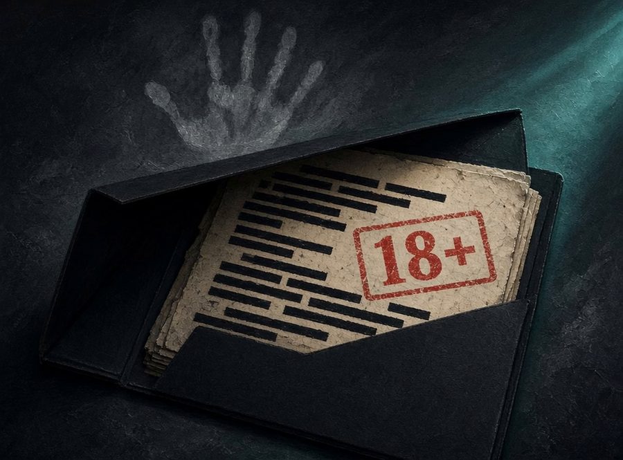 A black case folder holding a redacted file stamped 18+, under a faint misty handprint.