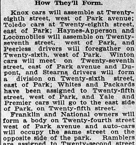 1904 clipping &ldquo;How They&rsquo;ll Form&rdquo;: automobiles assembling on streets off Park Avenue for a parade.