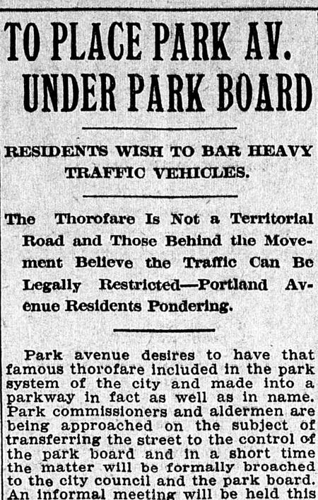 1904 headline: “To Place Park Av. Under Park Board”: residents wish to bar heavy traffic.