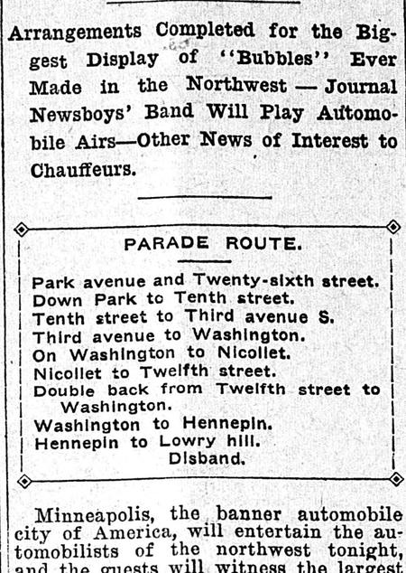1905 newspaper clipping listing an automobile parade route starting at Park Avenue and Twenty-sixth Street.