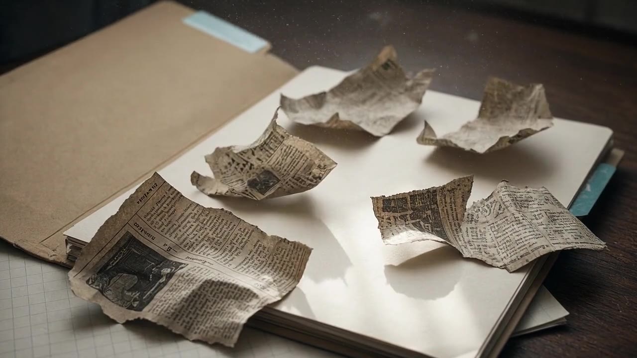 Old newspaper clippings settling into an open manila folder.