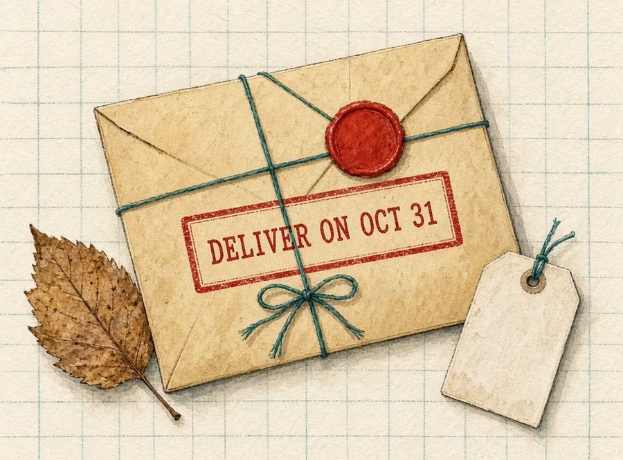 A manila gift envelope tied with string and stamped “Deliver on Oct 31.”