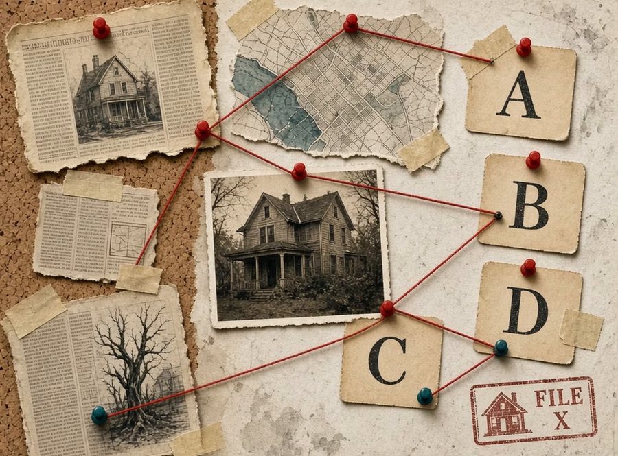 An evidence pin board with old clippings, a map and a house photo linked by red string to cards A to D.