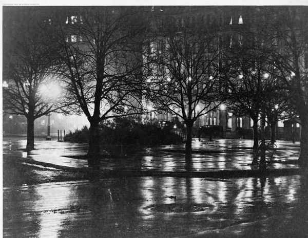 Alfred Stieglitz’s 1897 photograph of a rainy New York night: bare trees and street lamps reflected in wet pavement.
