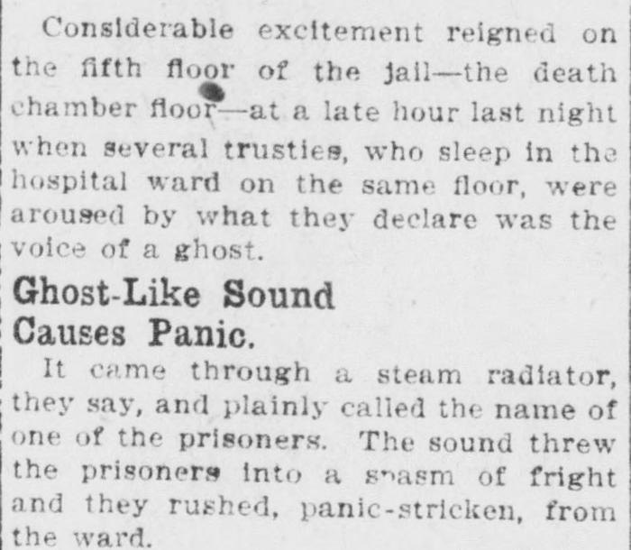 Scanned newspaper passage from the Atlanta Georgian, December 16, 1912, with the subhead “Ghost-Like Sound Causes Panic,” about a voice heard through a jail radiator.
