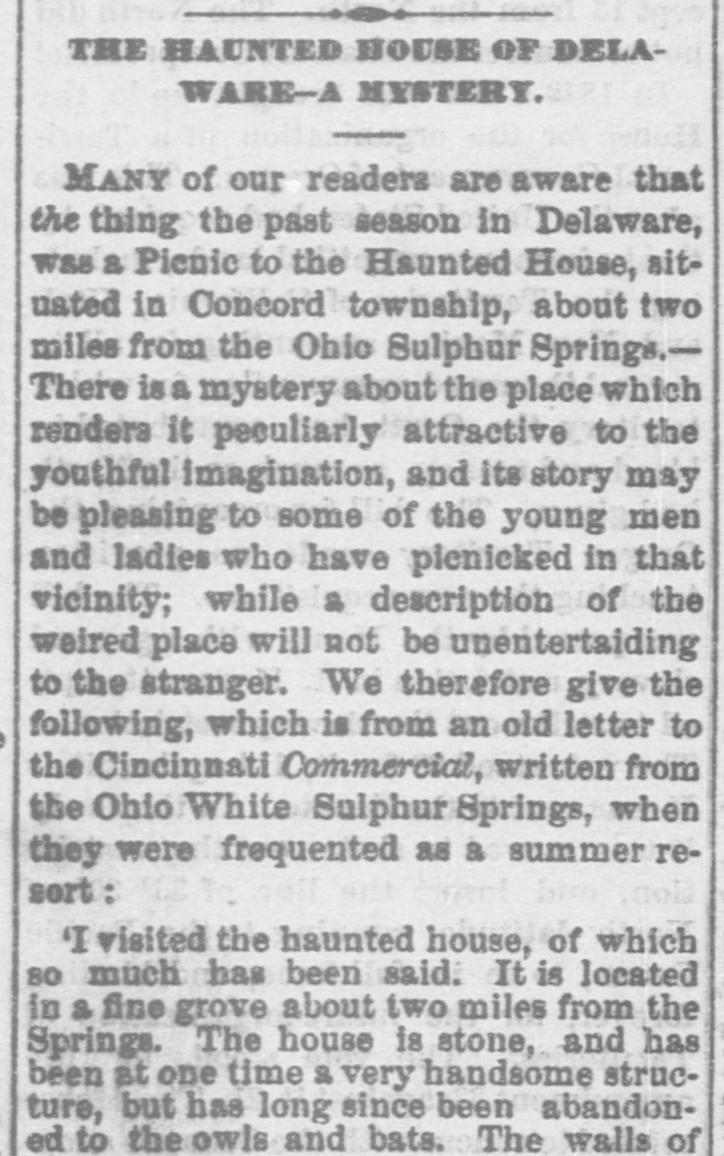 Scanned newspaper item headed “The Haunted House of Delaware—A Mystery,” from the Urbana Union, March 15, 1871.