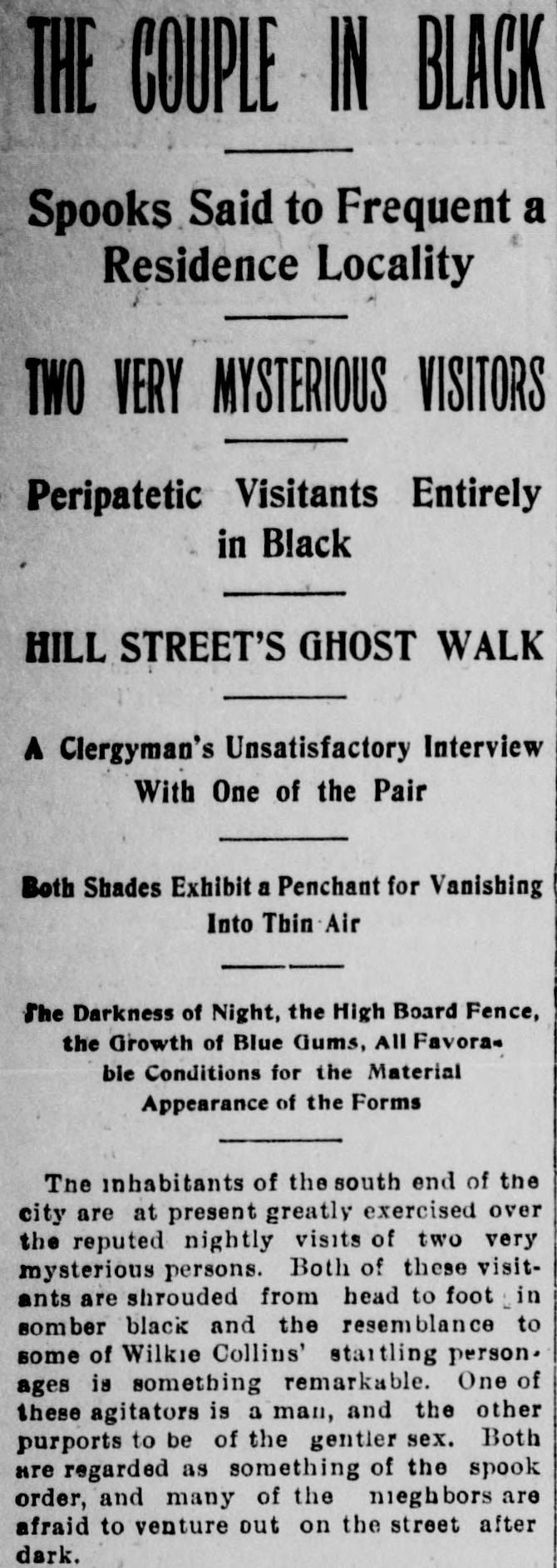 Scanned newspaper column from The Herald, Los Angeles, July 27, 1895, headed “The Couple in Black,” with a stack of decks ending in “Hill Street’s Ghost Walk.”