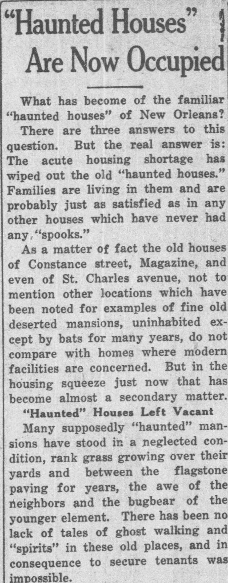 Scanned newspaper column headed “Haunted Houses” Are Now Occupied, from the Bogalusa Enterprise and American, November 13, 1919, beginning “What has become of the familiar ‘haunted houses’ of New Orleans?”