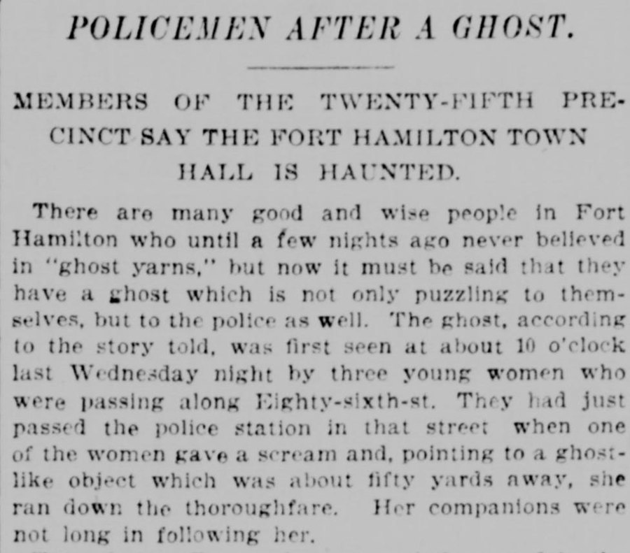 Scanned newspaper item from the New-York Tribune, September 28, 1896, headed “Policemen After a Ghost,” about the Fort Hamilton Town Hall.