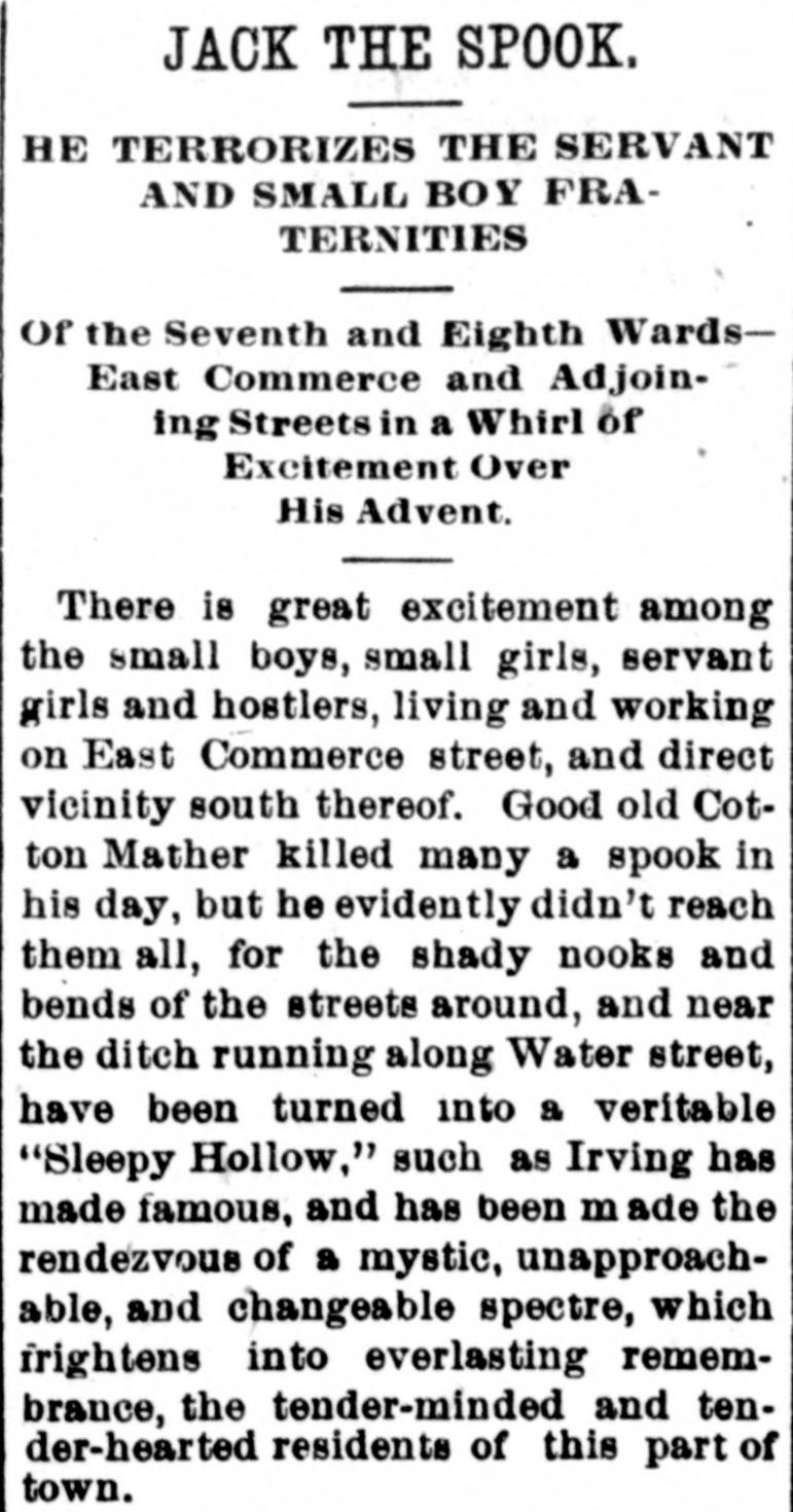Scanned front-page newspaper item from the San Antonio Daily Light, May 12, 1891, headed “Jack the Spook. He Terrorizes the Servant and Small Boy Fraternities.”