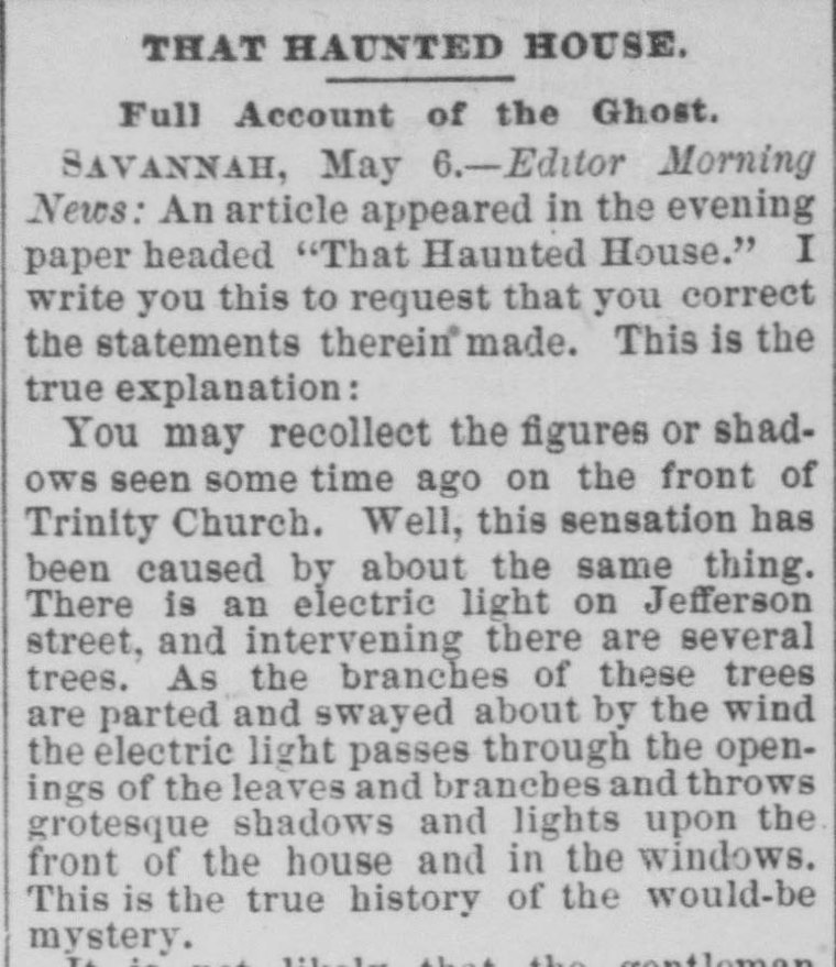 Scanned newspaper item headed THAT HAUNTED HOUSE. Full Account of the Ghost., from the Savannah Morning News, May 7, 1884, beginning “Savannah, May 6.—Editor Morning News: An article appeared in the evening paper.”