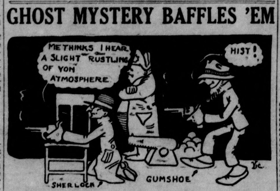 Scanned front-page headline “Ghost Mystery Baffles ’Em” from The Seattle Star, November 11, 1911, above a cartoon of two comic detectives creeping toward a window.