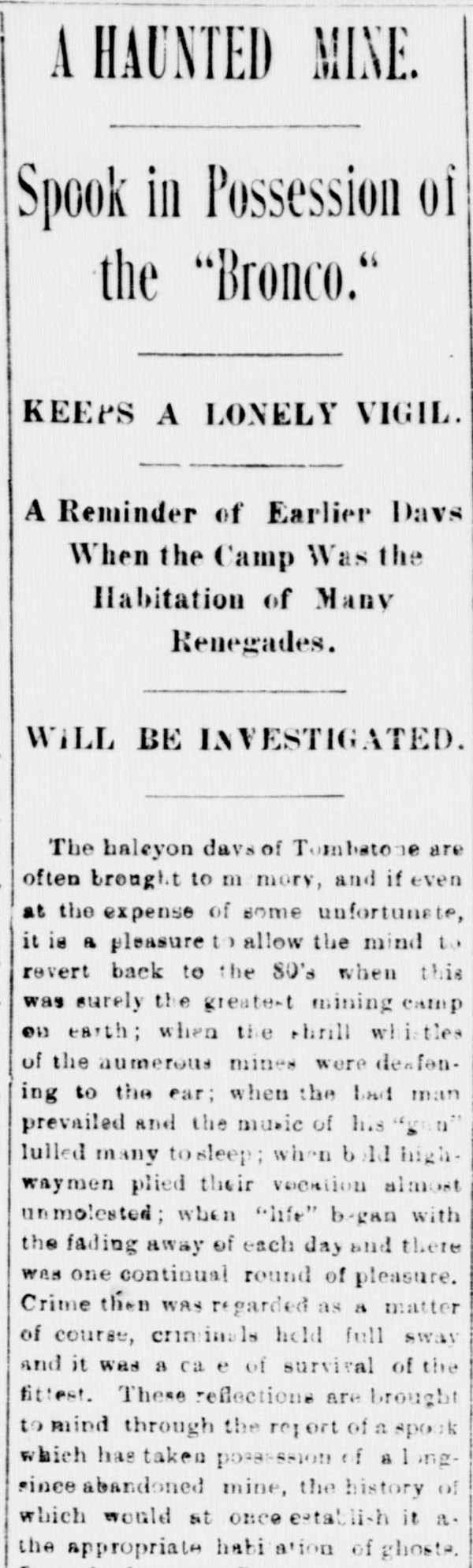Scanned newspaper column headed A HAUNTED MINE, Spook in Possession of the “Bronco.”, from the Tombstone Epitaph, May 23, 1897, beginning “The halcyon days of Tombstone are often brought to memory.”